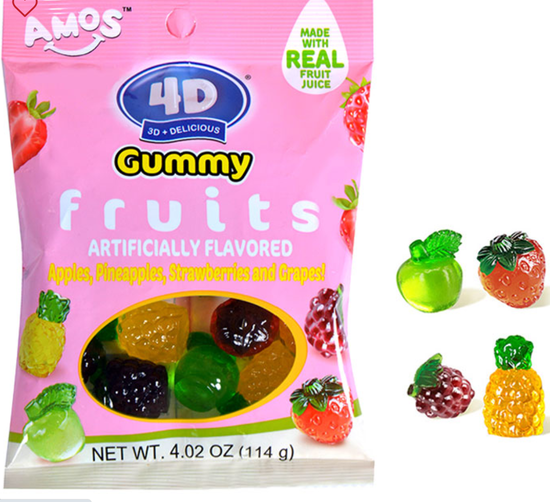 Amos 4D Gummy Fruits - Apple, Pineapple, Strawberries, and Grapes
